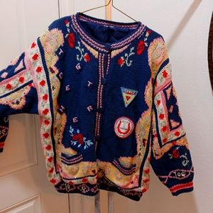 Rhythm of style vintage old handmade blue cardigan waistcoat flowe Together 1980